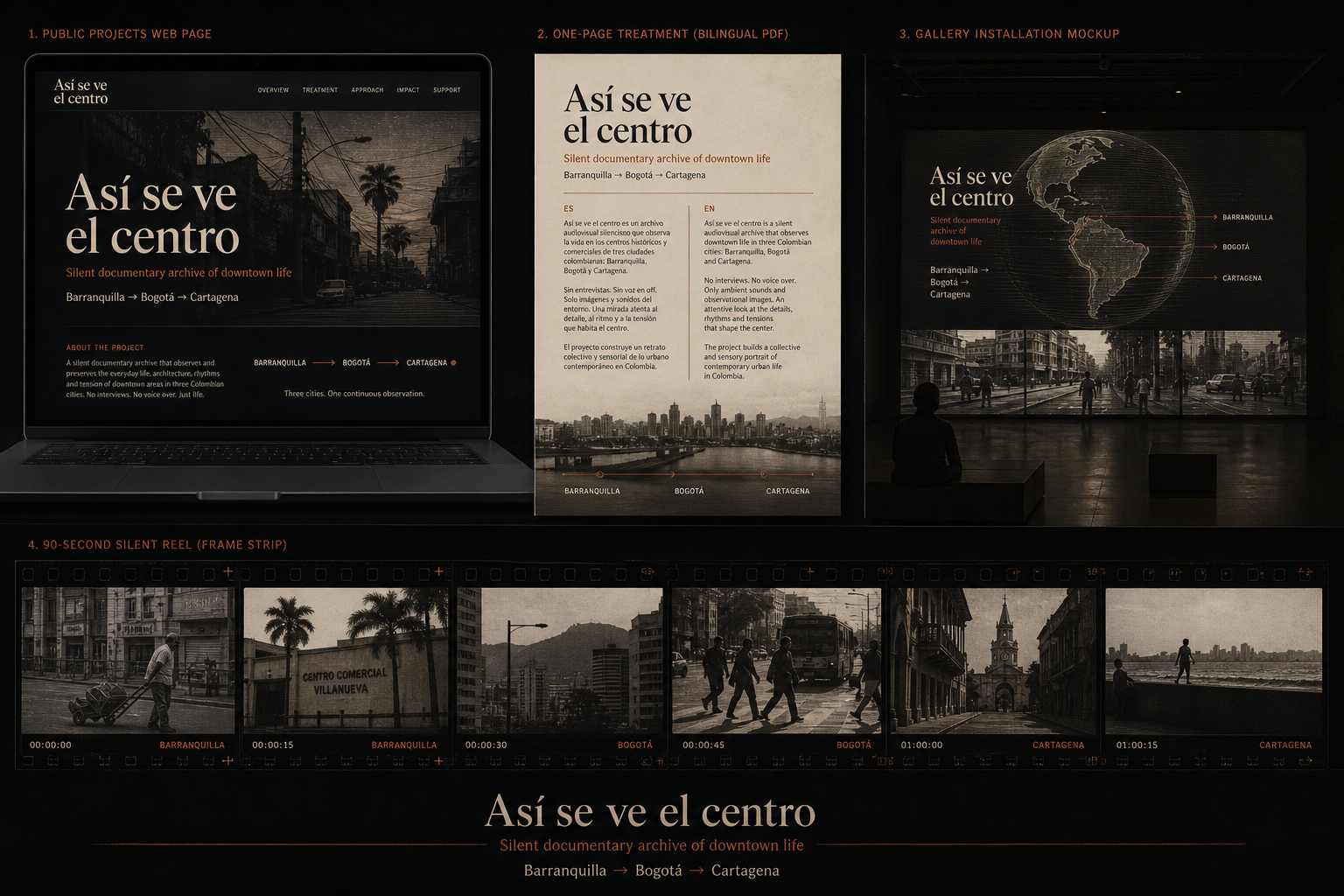Concept board showing the proof pack direction across web page, treatment, installation mockup, and reel frames.